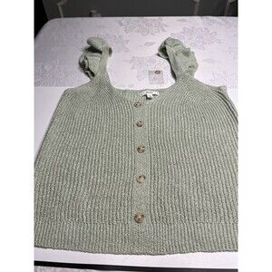 MINE Sage Green Tank Sweater Flutter Ruffled Sleeveless Top Shirt Sz L